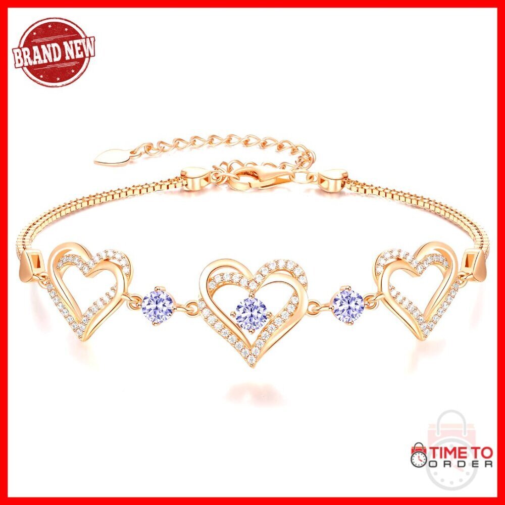 Sterling Silver Heart Link Bracelet with Birthstones, 9.26 Inches